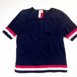 Navy Blue Women's Top with Red and White Accents